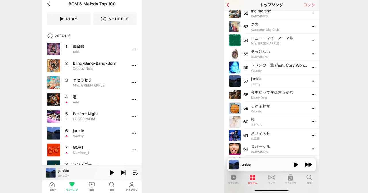 左 via : LINE MUSIC BGM & Melody Top 100(2024.01.16) / 右 via : Apple Music ソングランキング 日本 ロック(2024.01.16)